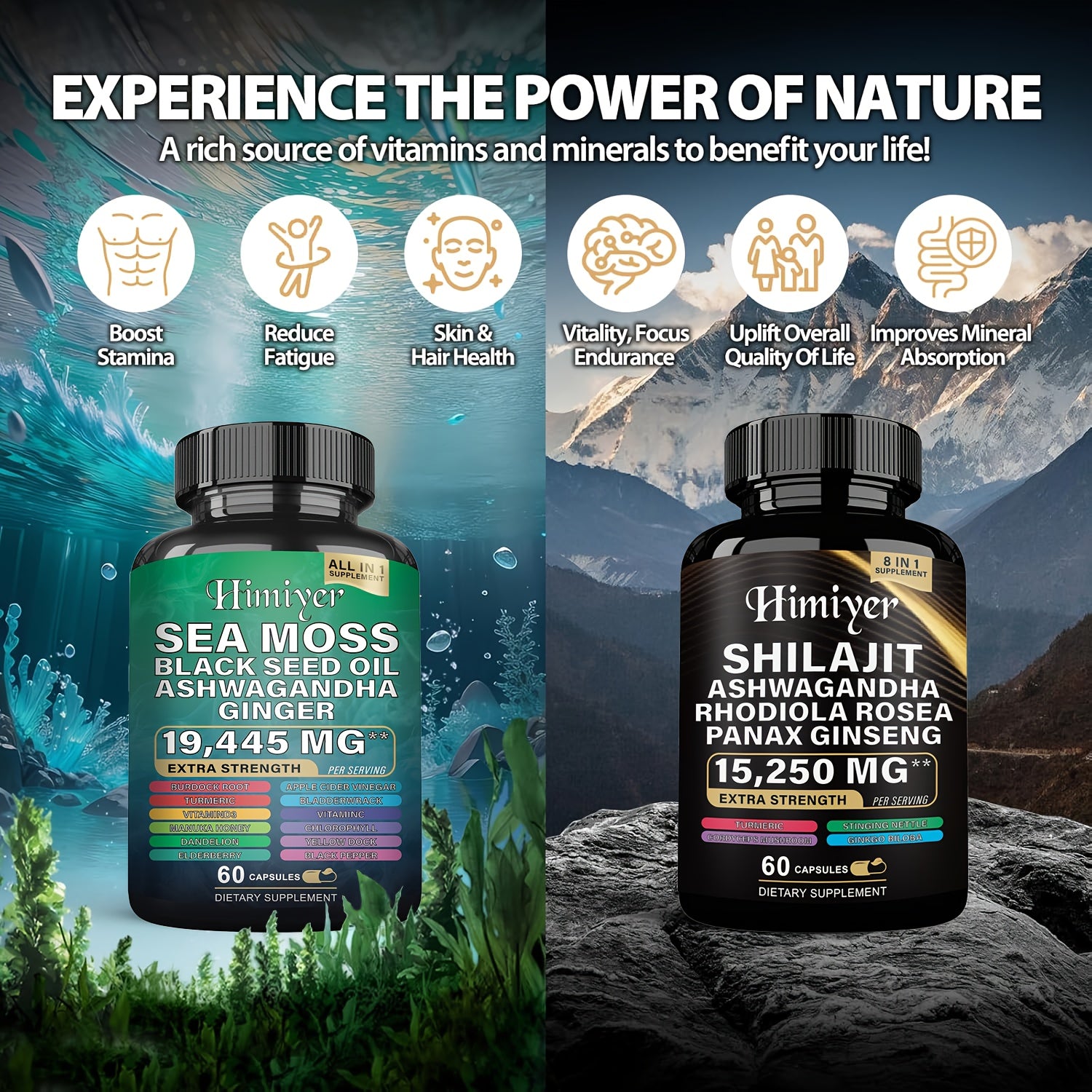 Sports Health Energy Pack, Shilajit And Seamoss Ginger South African Drunken Eggplant Capsule, Sea Moss 7000 Mg, Black Seed Oil 4000 Mg, Ashwagandha 2000 Mg, Ginger And Shilajit 9000 Mg, Rhodiola Rosea 1000 Mg, 19445mg+15250m - Premium  from Lizard Vigilante - Just $10.99! Shop now at Lizard Vigilante