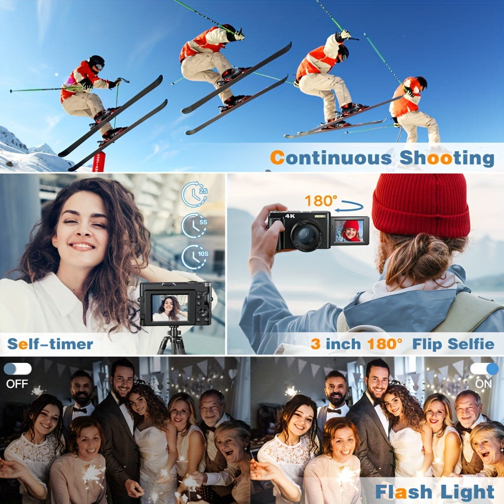 "4K Digital Camera with 48MP, 3"" Flip Screen, Autofocus, Anti-Shake, 16x Zoom for Photography and Video"