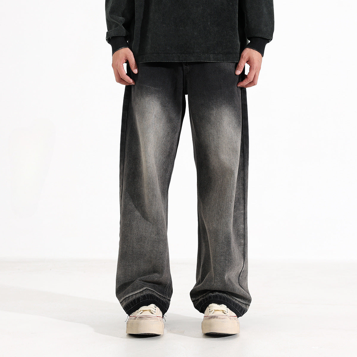 American-style Heavy Washed Black And Gray Straight Jeans Men's Loose Wide Leg Casual Trousers