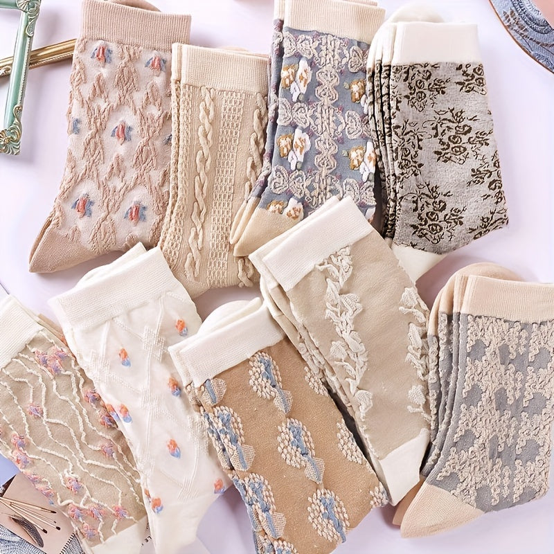 9-Pair Elegant Floral Print Mid-Tube Socks - Soft & Breathable Fabric - Perfect for Casual & Dressy Occasions