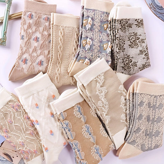 9-Pair Elegant Floral Print Mid-Tube Socks - Soft & Breathable Fabric - Perfect for Casual & Dressy Occasions