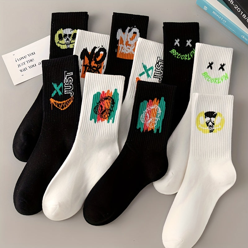 3/6/8/10/12 Pairs Of Medium Length Socks With Graffiti And Spray Painting For Personalized Fashion, Comfort, And Durability