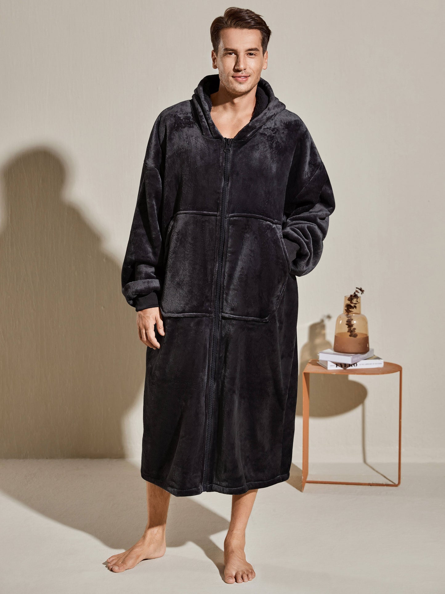Men's Oversized Warm And Comfortable Flannel Blanket Robe, Long Sleeve Zipper Hoodie Sweatshirt Hooded Sleep Robe With Deep Pocket Pajamas Loungewear Robe For Autumn Winter