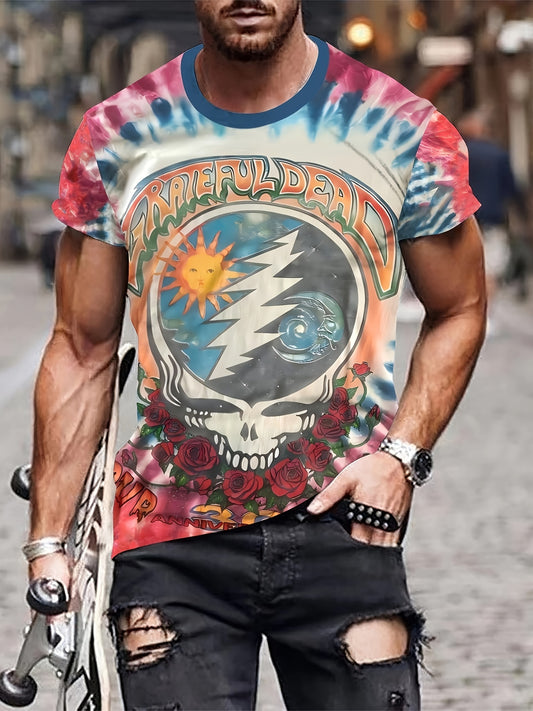 Men's 3D Skull Print T-Shirt – Casual Crew Neck Short Sleeve Tee, 100% Polyester Knit Fabric for Fest - Premium tee from Lizard Vigilante - Just $26.66! Shop now at Lizard Vigilante