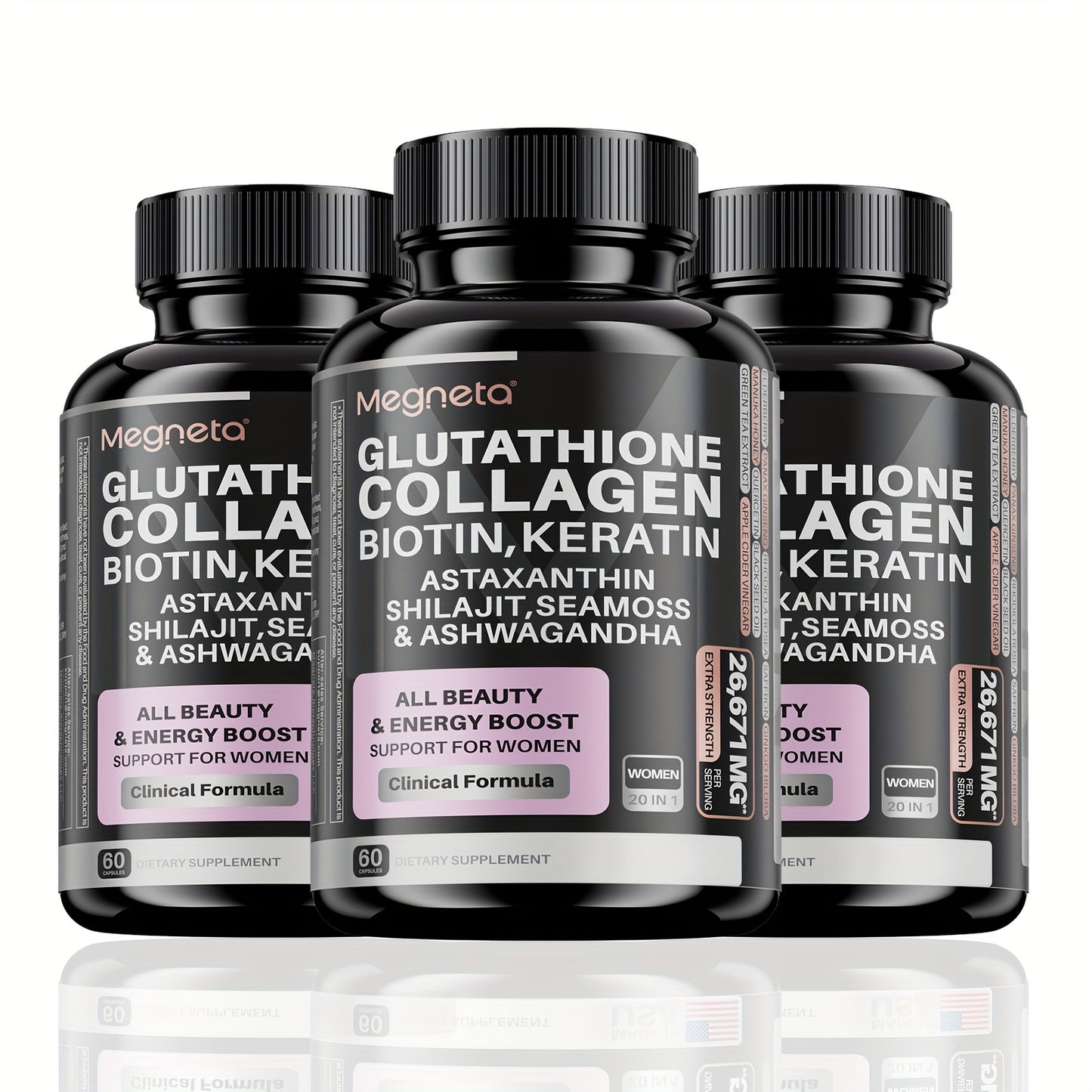 Megneta 20-in-1 Glutathione Collagen Capsules with Biotin, Keratin, Sea Moss & Shilajit – Advanced Hair, Skin, and Nail Supplement for Women - Premium collagen capsules from Lizard Vigilante - Just $25.99! Shop now at Lizard Vigilante