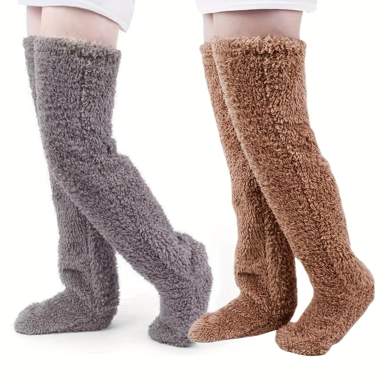 Fuzzy Thigh High Stockings, Warm Over-the-Knee Socks for Women, Solid Color