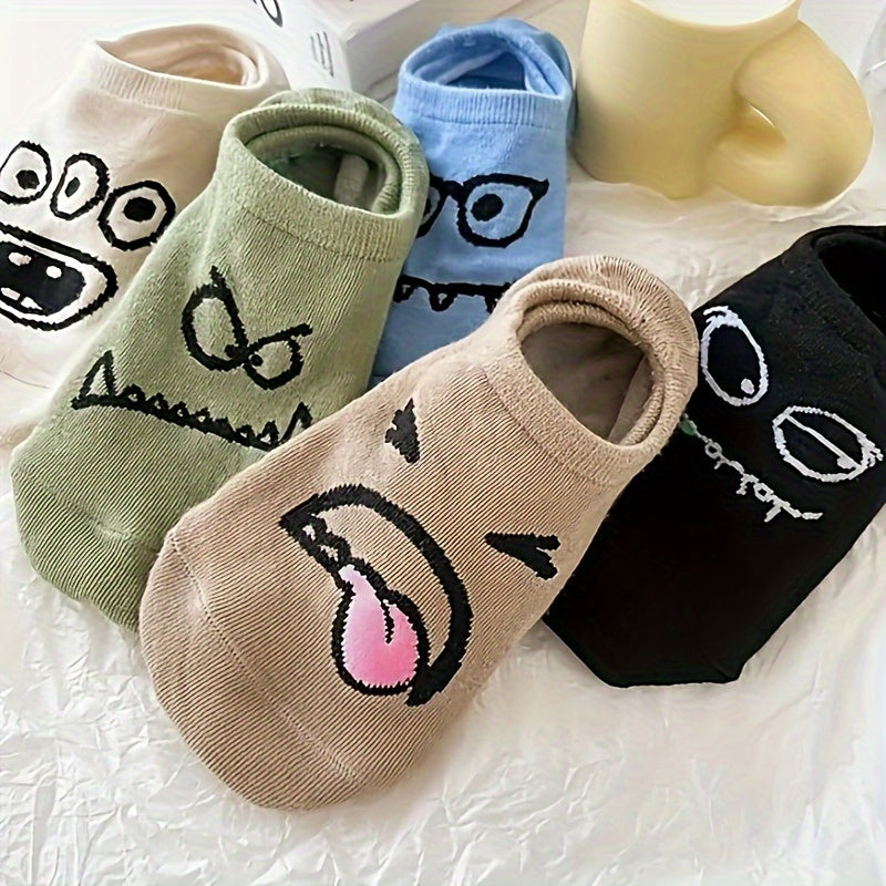 5 Pairs Cartoon Print Socks, Funny & Breathable Low Cut Ankle Socks, Women's Stockings & Hosiery