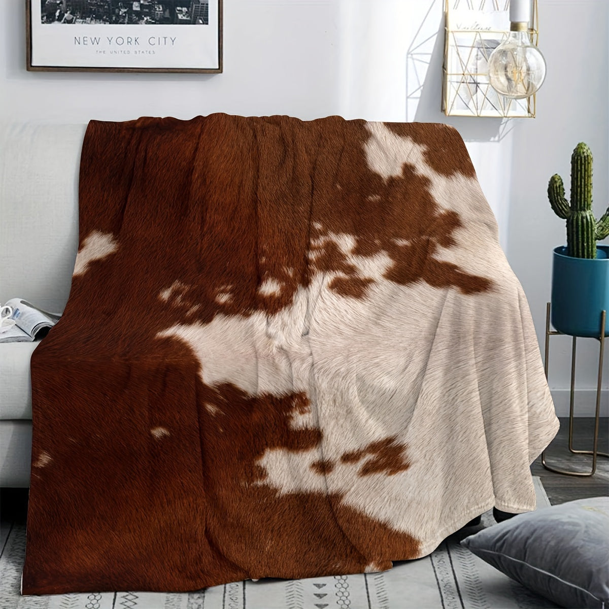 1pc Soft Flannel Rustic Cowhide Printed Blanket Shawl - Throws for Sofa, Lunch Break, and Napping - Ultra-Soft, Skin-Friendly, Casual, Multi-Purpose, and Perfect for Indoor and Outdoor Use