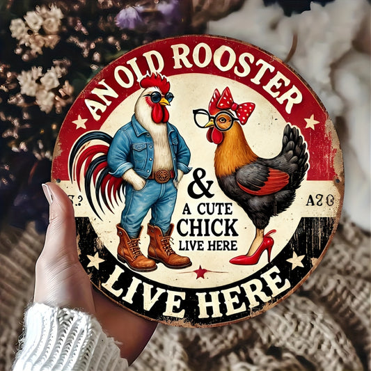 Vintage Rooster & Hen Aluminum Foil Sign - 'An Old Rooster & a Cute Chick Live Here' - Decorative Wall Art for Home, Bar, Cafe, Garage, Farmhouse - Premium tin sign from dsers - Just $17.99! Shop now at Lizard Vigilante