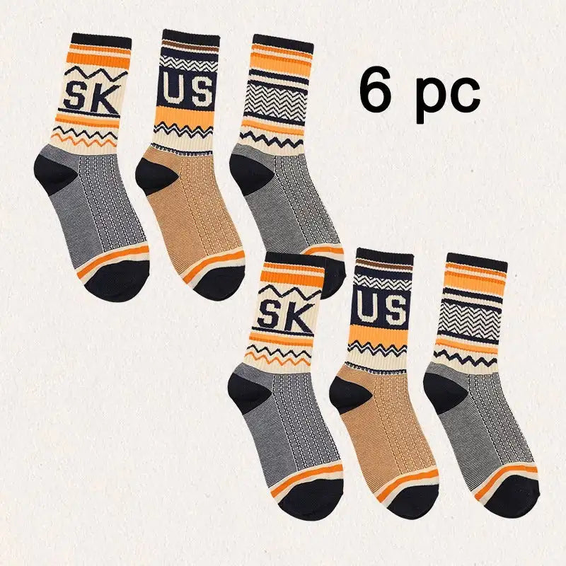 Six Pairs Of Men's And Women's Fashionable Socks With Letter Patterns - Offering Fashion And Comfort For Daily Wear And Suitable For All Four Seasons.
