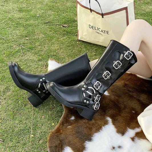Block Heel Knee High : Motorcycle Boots With Buckle