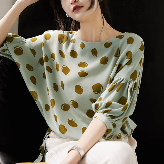 Elegant Retro Romantic Bubble Print Lantern Sleeve Shirt Top