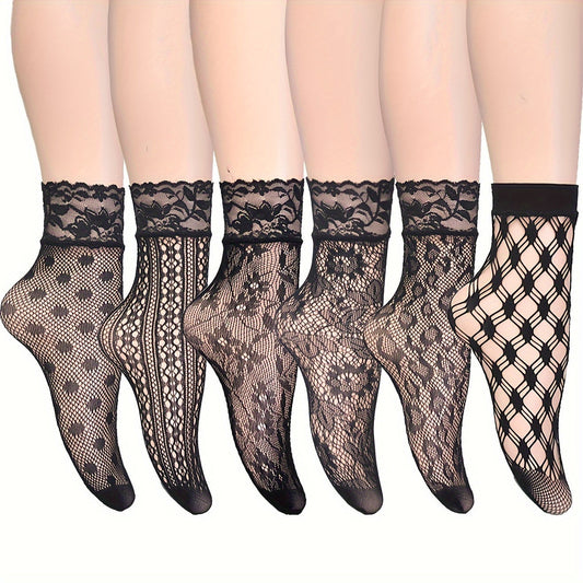 6 Pairs Floral Lace Fishnet Socks, Ultra-thin Ankle Socks, Women's Stockings & Hosiery