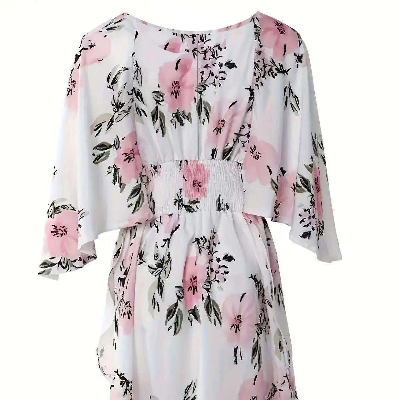 Ladies' Floral Print Waist With Ruffled Edges, Big V-neck, Sexy Asymmetrical Hem, Elegant Seaside Vacation Style Short Dress