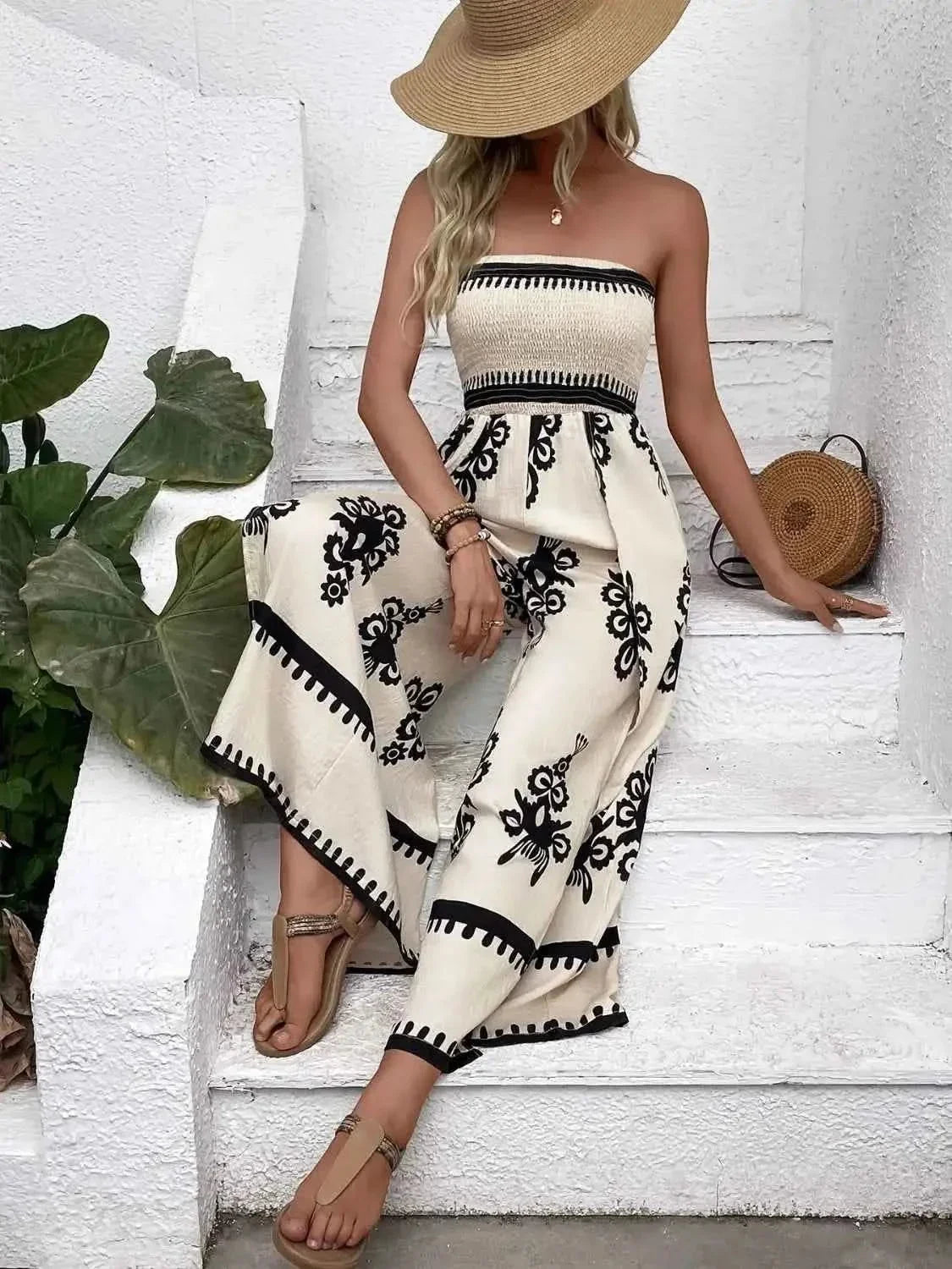 Smocked Printed : Wide Leg Jumpsuit