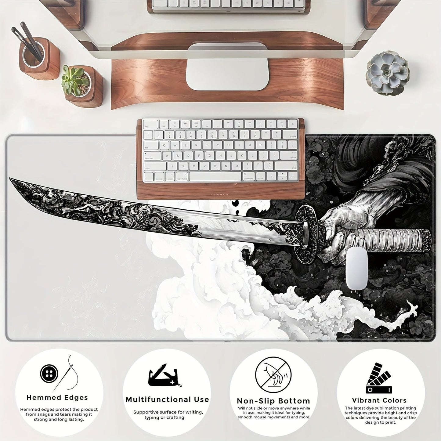 Extended Gaming Mouse Pad with Japanese Samurai Sword Design, Extra Large, Stitched Edges, Washable, Non-Slip Rubber Base, 31.5x11.8 inches