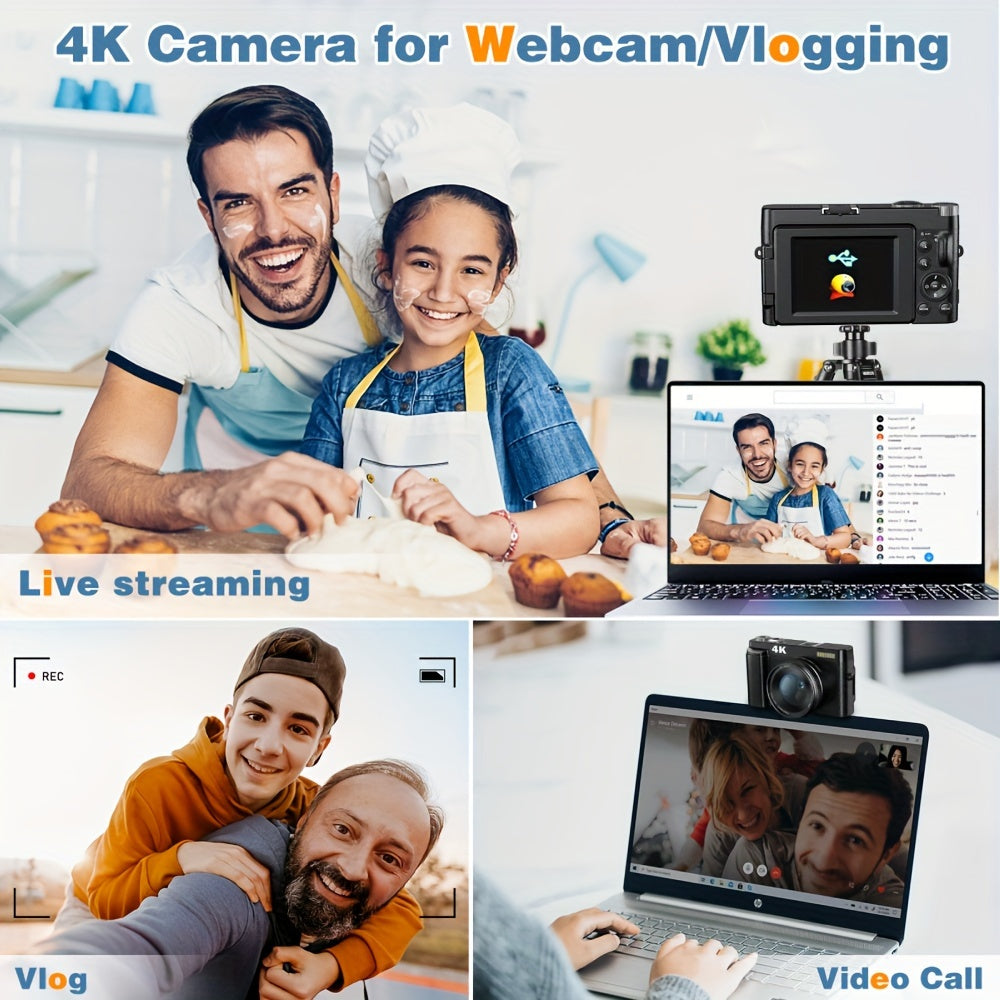"4K Digital Camera with 48MP, 3"" Flip Screen, Autofocus, Anti-Shake, 16x Zoom for Photography and Video"