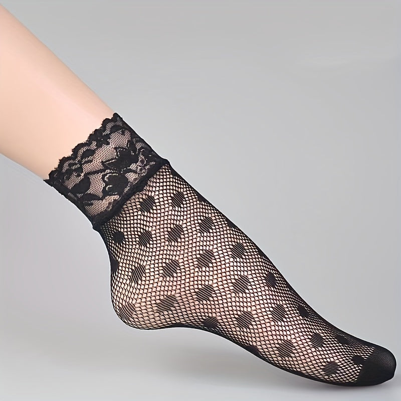 6 Pairs Floral Lace Fishnet Socks, Ultra-thin Ankle Socks, Women's Stockings & Hosiery