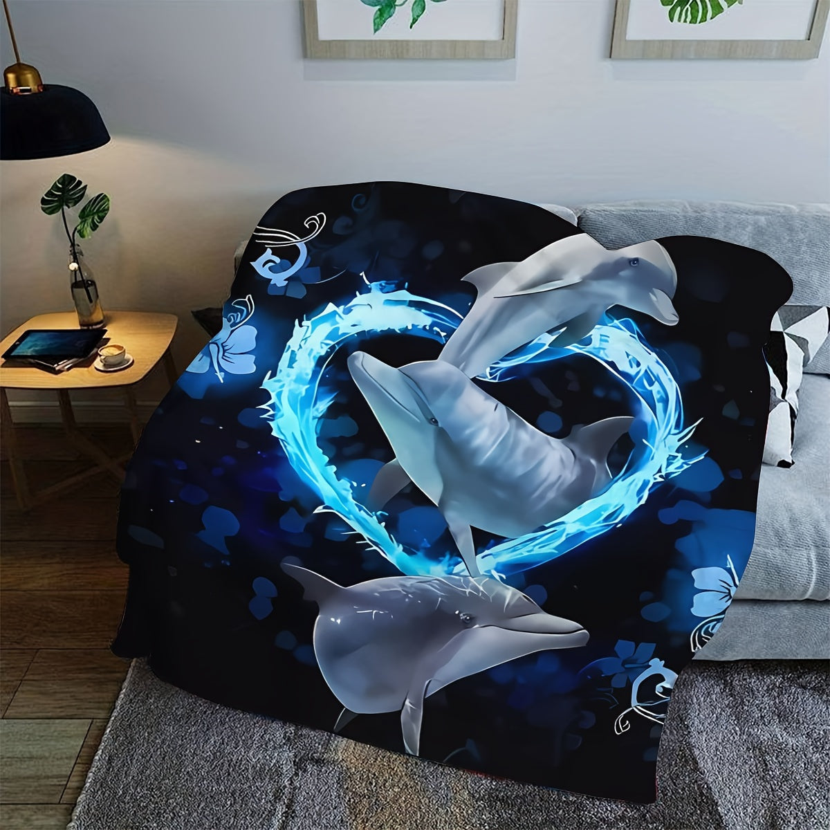 1pc Contemporary Reversible Flannel Blanket, 3D Digital Printed Blue Dolphin Design, All-Season Multipurpose Knitted Polyester Throw for Sofa, Room, Camping, Beach, Party, Office Break - 200-250gsm