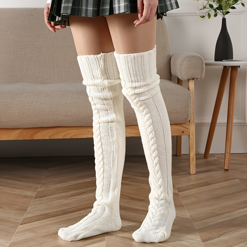 Cozy Cable Knitted Thigh High Socks - Soft & Stylish Over Knee Stockings for Women - Winter Warmth, Perfect Fit, One Size