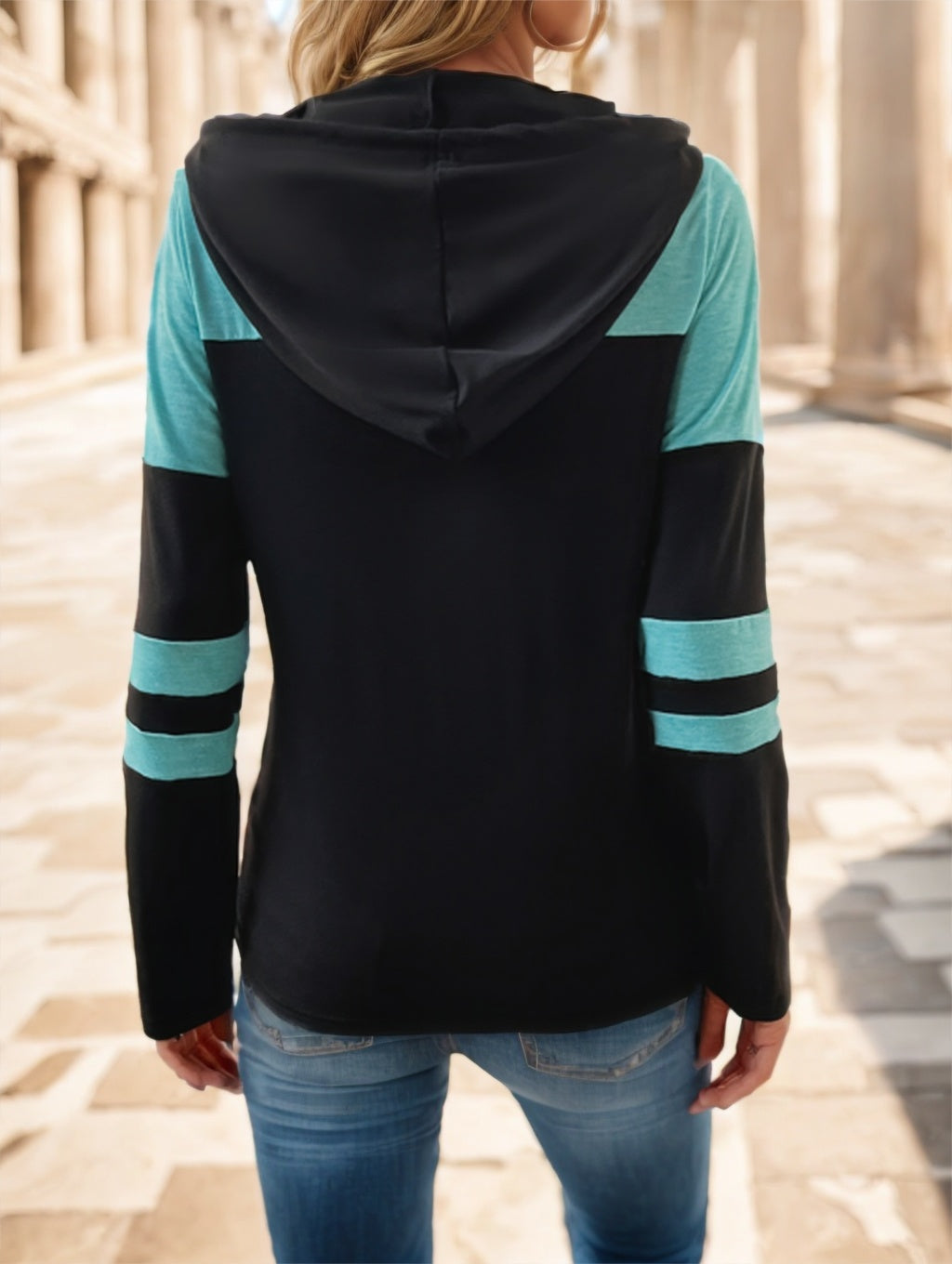 Color Block Drawstring Hoodie Sleeve