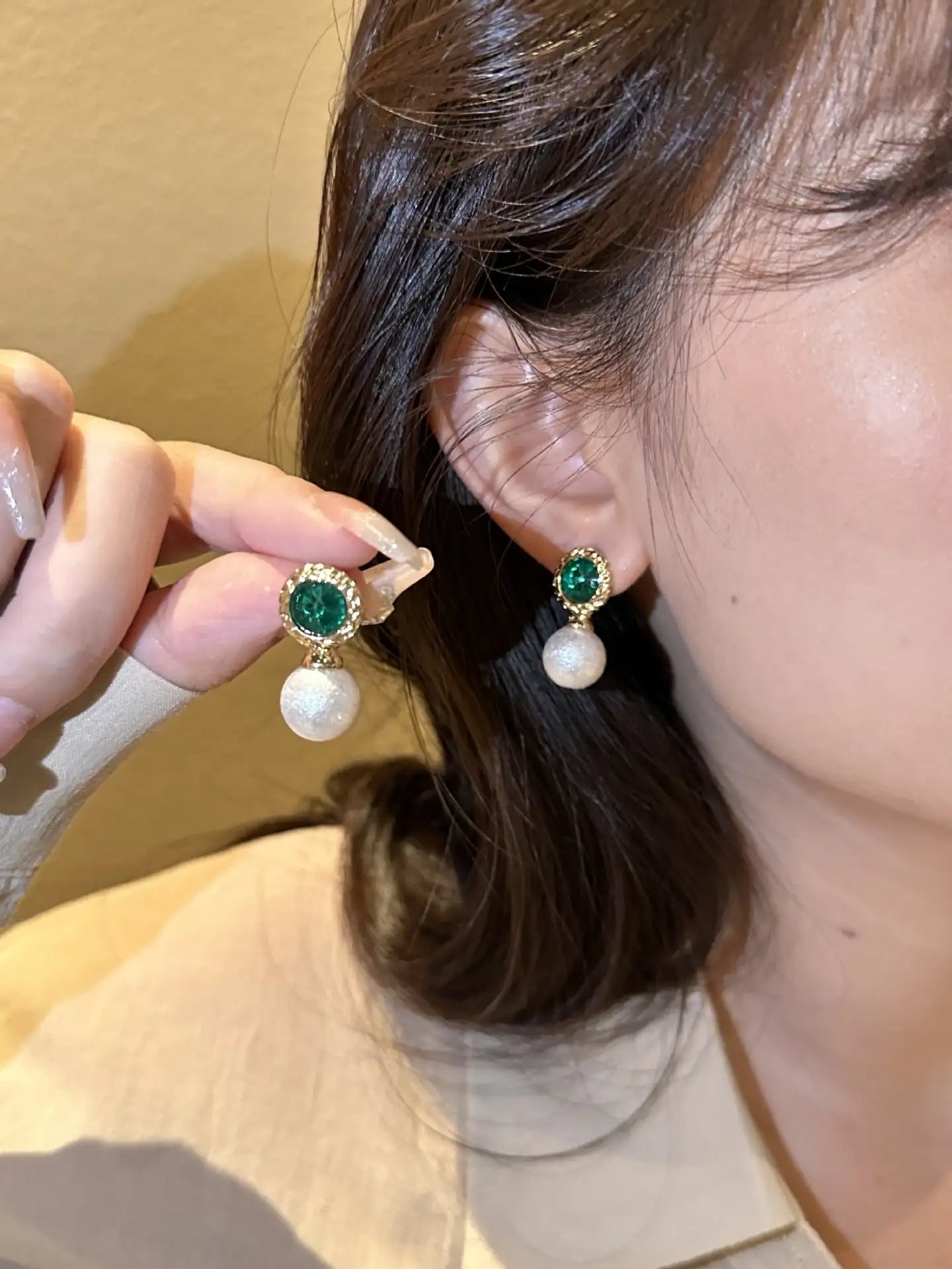 Emerald Rhinestone Pearl Stud Earrings For Women