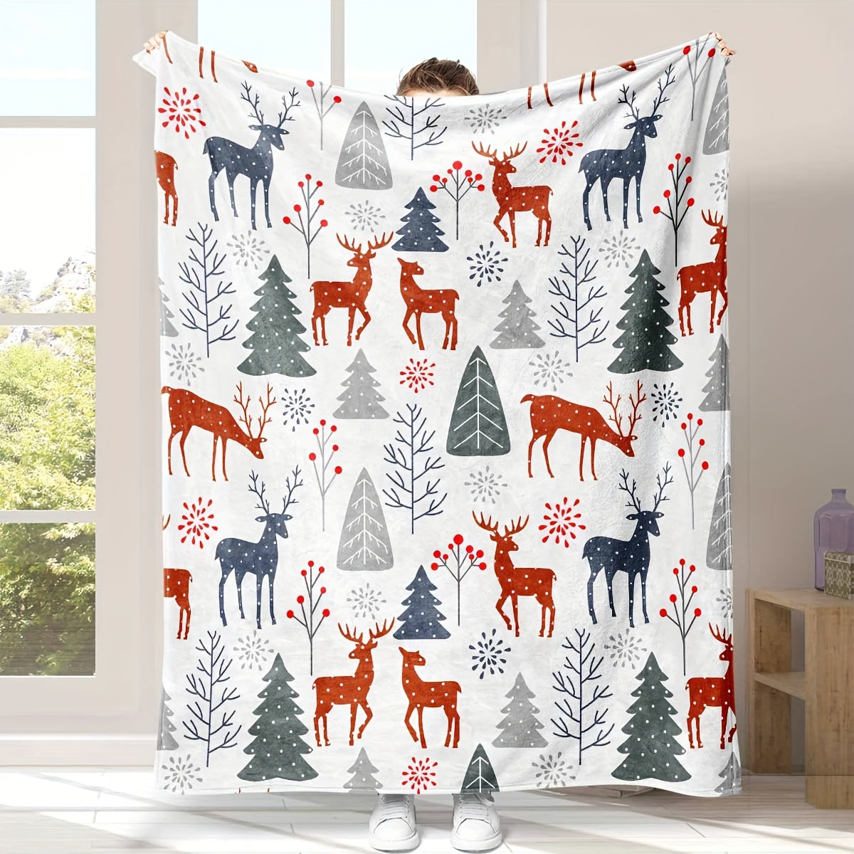 1pc Throw Blanket, Christmas Theme Deer Pattern Printed Blanket, Warm Cozy Soft Blanket For Couch Bed Sofa Car Office Camping Travelling, Gift Blanket Suitable For All Seasons