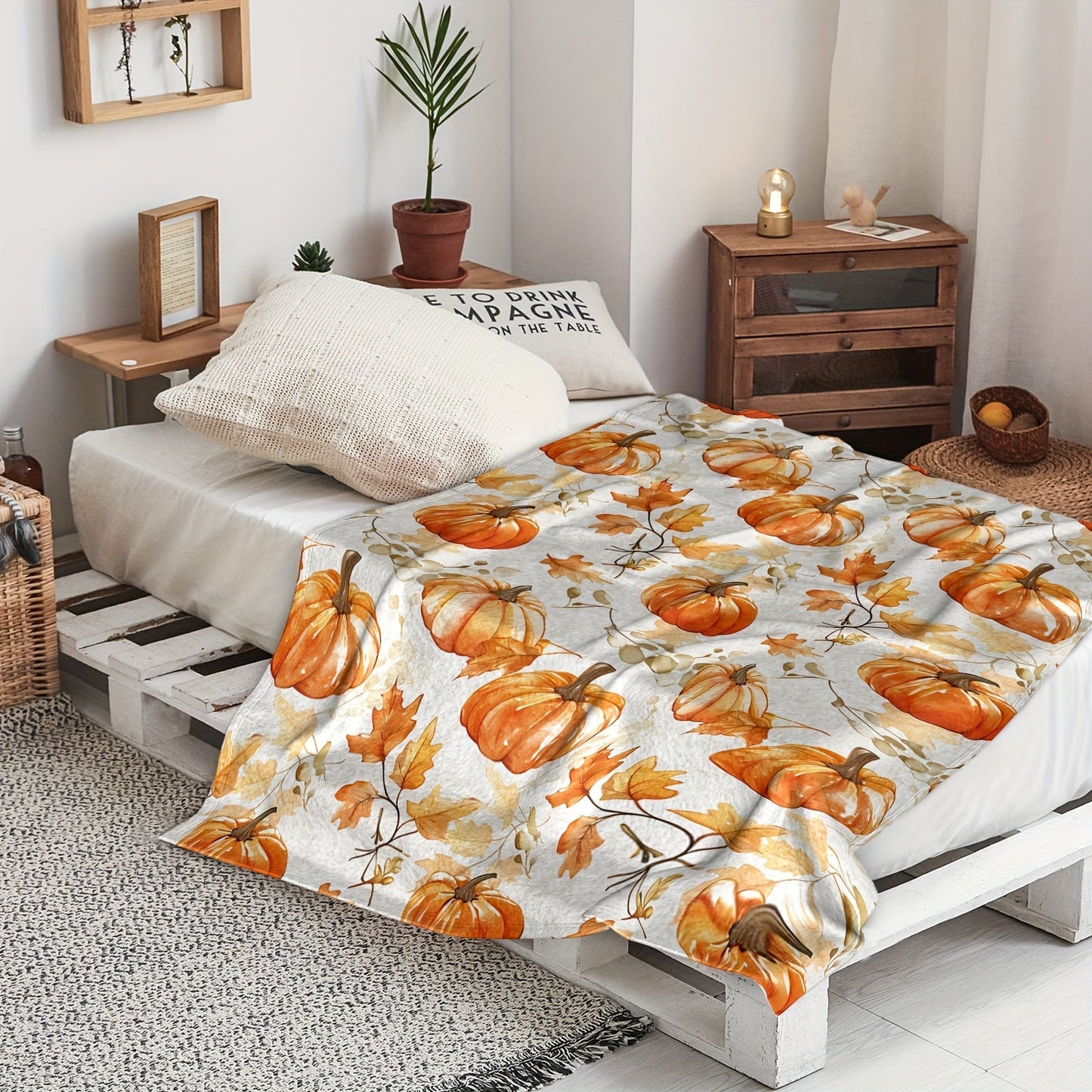 Cozy Flannel Thanksgiving Blanket - Rustic Pumpkin & Maple Leaf Design, Soft Orange Throw for Sofa, Bedroom, Camping - Perfect Fall Decor Gift