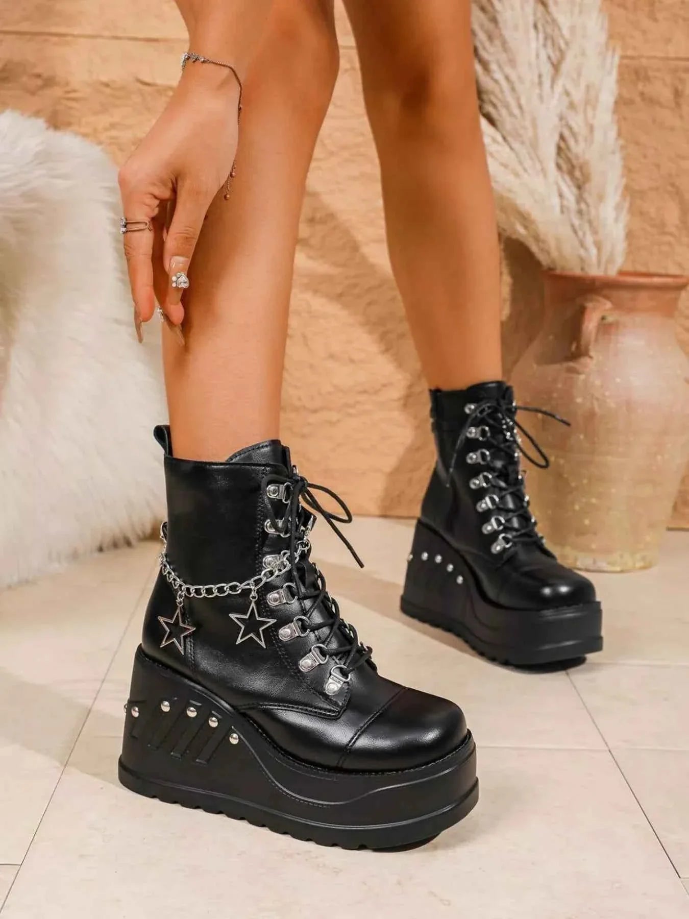 Fashion Platform Goth Boots : With Lace up Wedges Chain