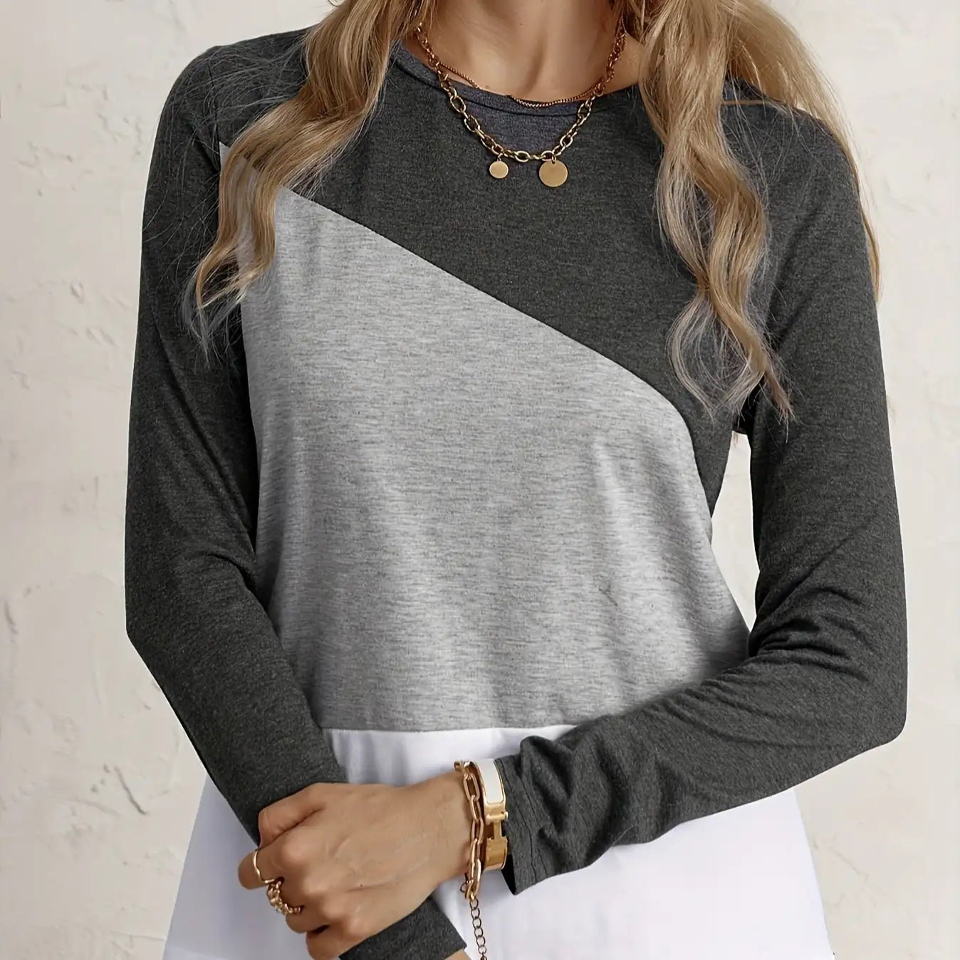 Ladies' Fashionable Casual Patchwork Color Long Sleeved T-shirt Top