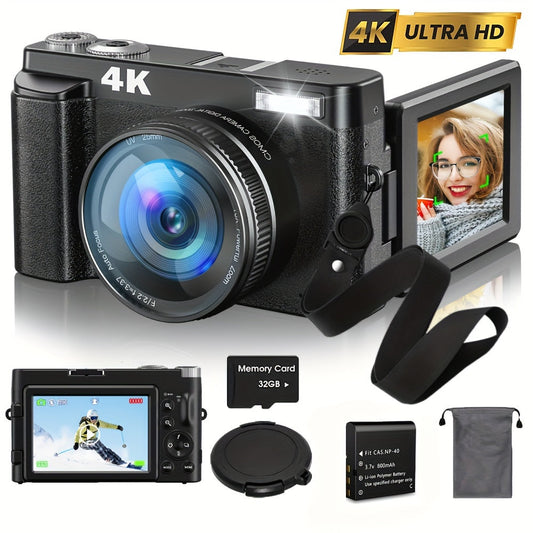 "4K Digital Camera with 48MP, 3"" Flip Screen, Autofocus, Anti-Shake, 16x Zoom for Photography and Video"