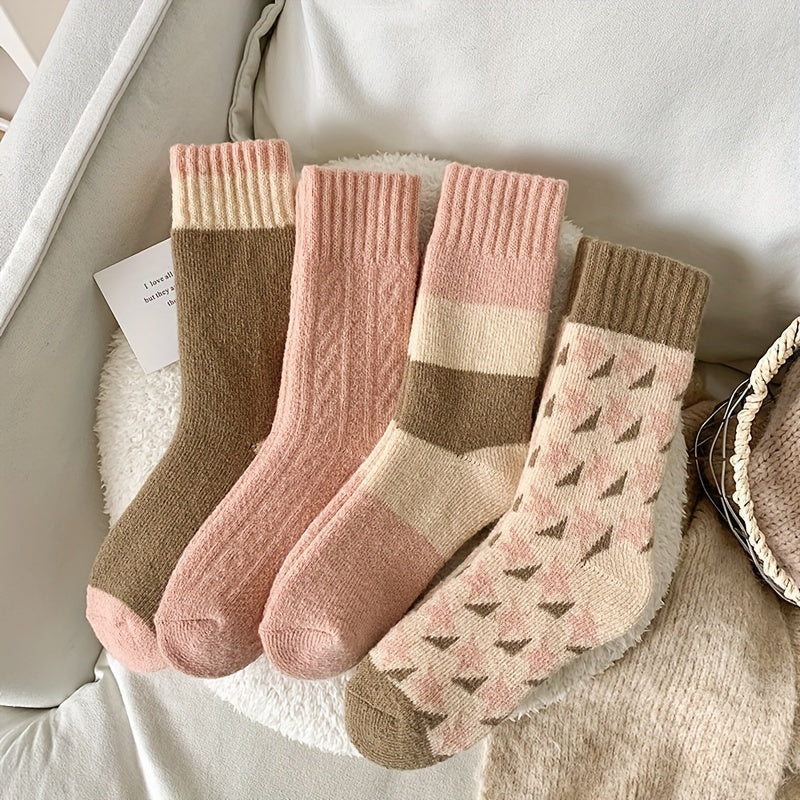 4 Pairs Thickened Socks, Warm & Comfy Terry Mid Tube Socks, Women's Stockings & Hosiery