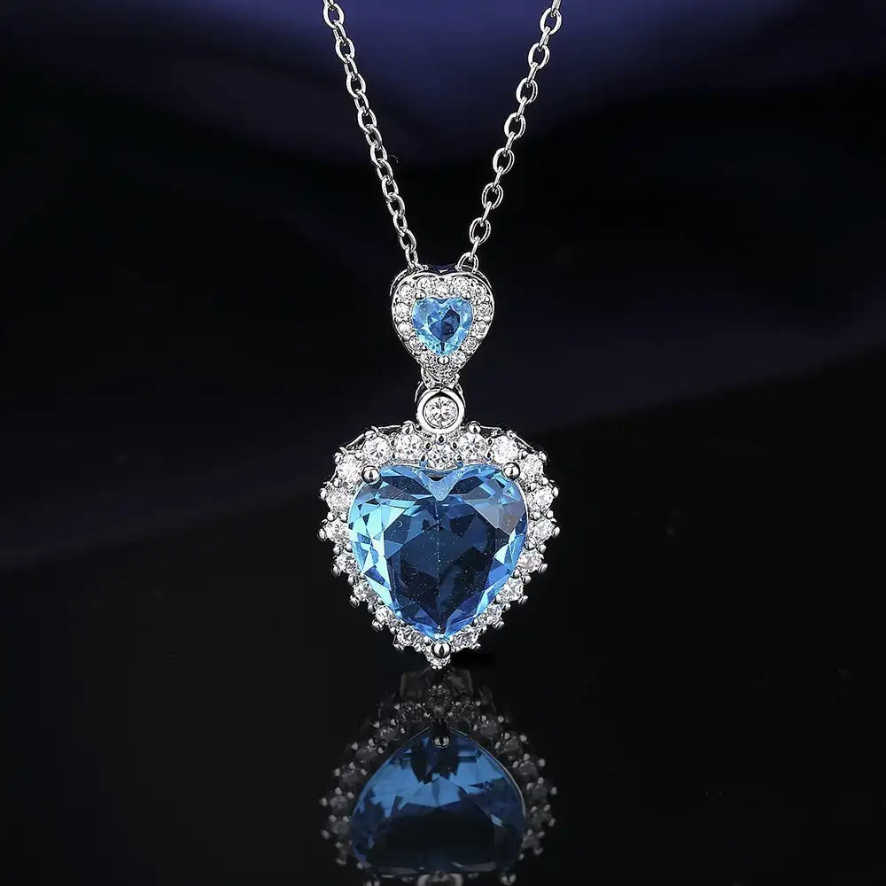 European And American Aquamarine Colored Gems Necklace Ear Stud Ring Women's