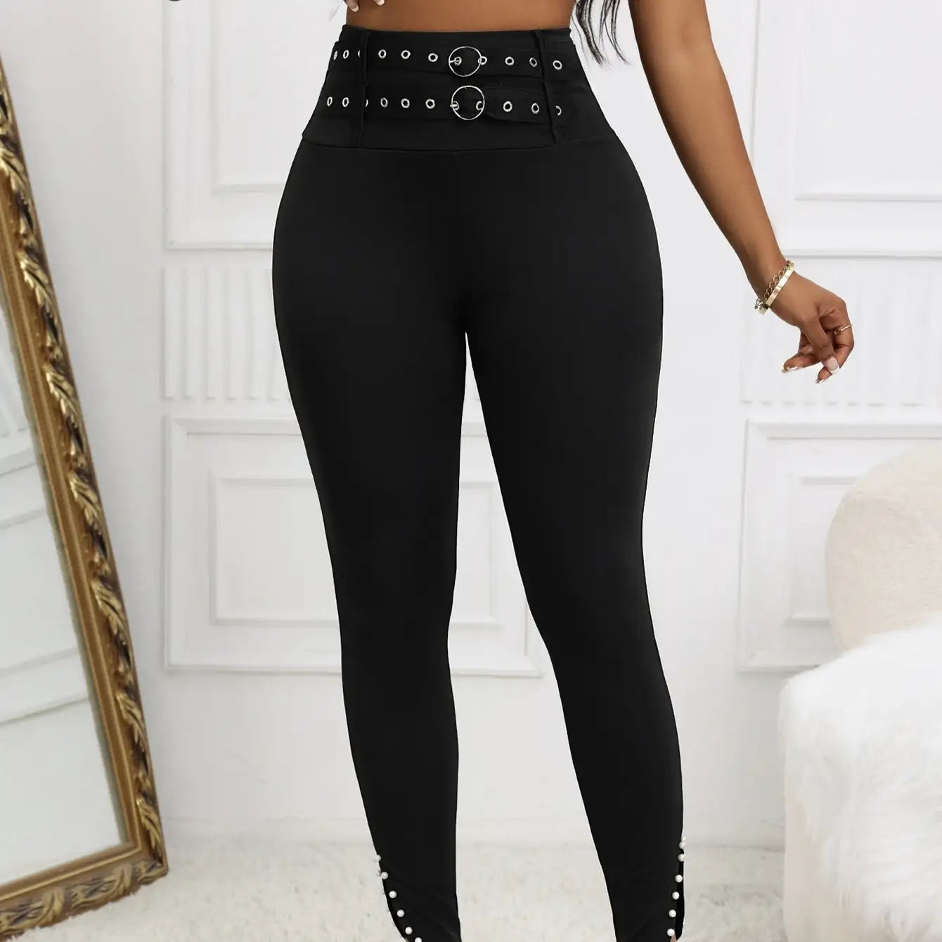 Ladies' Solid Color Casual Style Tight Fitting High Waist Slim Fit Slit Detail Pants Waist Ring Fake Belt Design Sense Tapered Pants