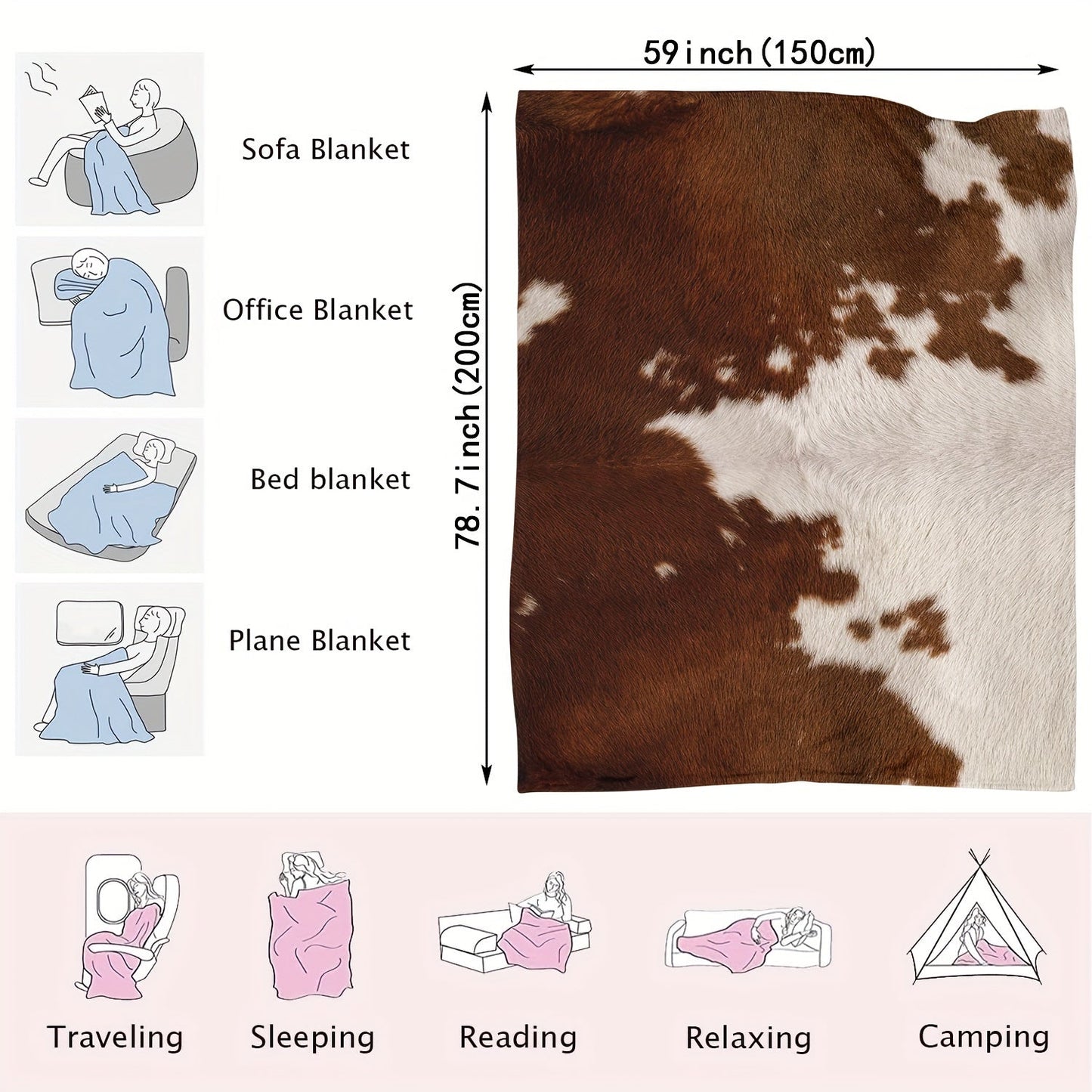 1pc Soft Flannel Rustic Cowhide Printed Blanket Shawl - Throws for Sofa, Lunch Break, and Napping - Ultra-Soft, Skin-Friendly, Casual, Multi-Purpose, and Perfect for Indoor and Outdoor Use