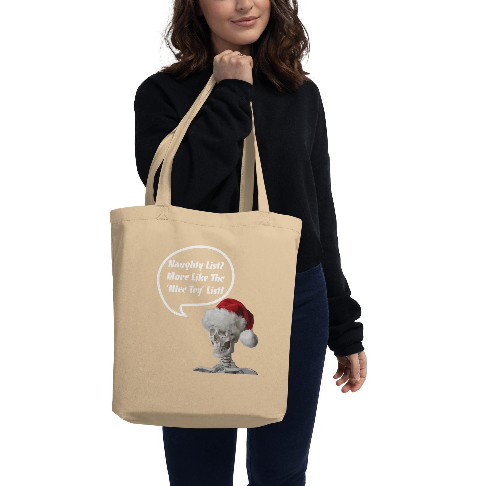 Nice Try Eco Tote Bag / Christmas Holidays Skeleton Satchel - Lizard Vigilante