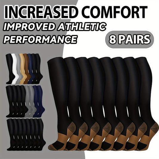 8 Pairs Copper-infused Unisex Compression Socks - Enhanced Circulation Support (10-20 MMHG) - Comfortable Knee High for Nurses, Pregnancy, Running, Hiking, Cycling