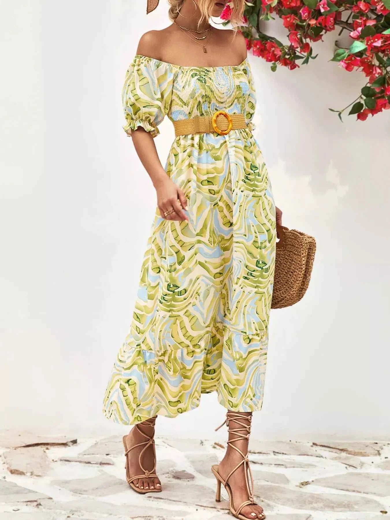 Smocked Printed Puff Sleeve : Midi Dress