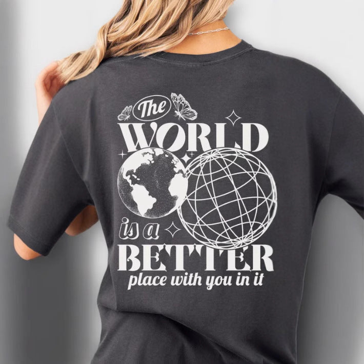 Letter 2D Printed Starry Sky Earth Cotton T-Shirt