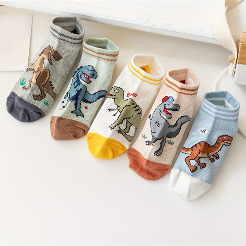 5 Pairs Of Boy's Trendy Dinosaur Pattern No Show Socks, Comfy Breathable Casual Soft Socks For Kid's Outdoor Activities