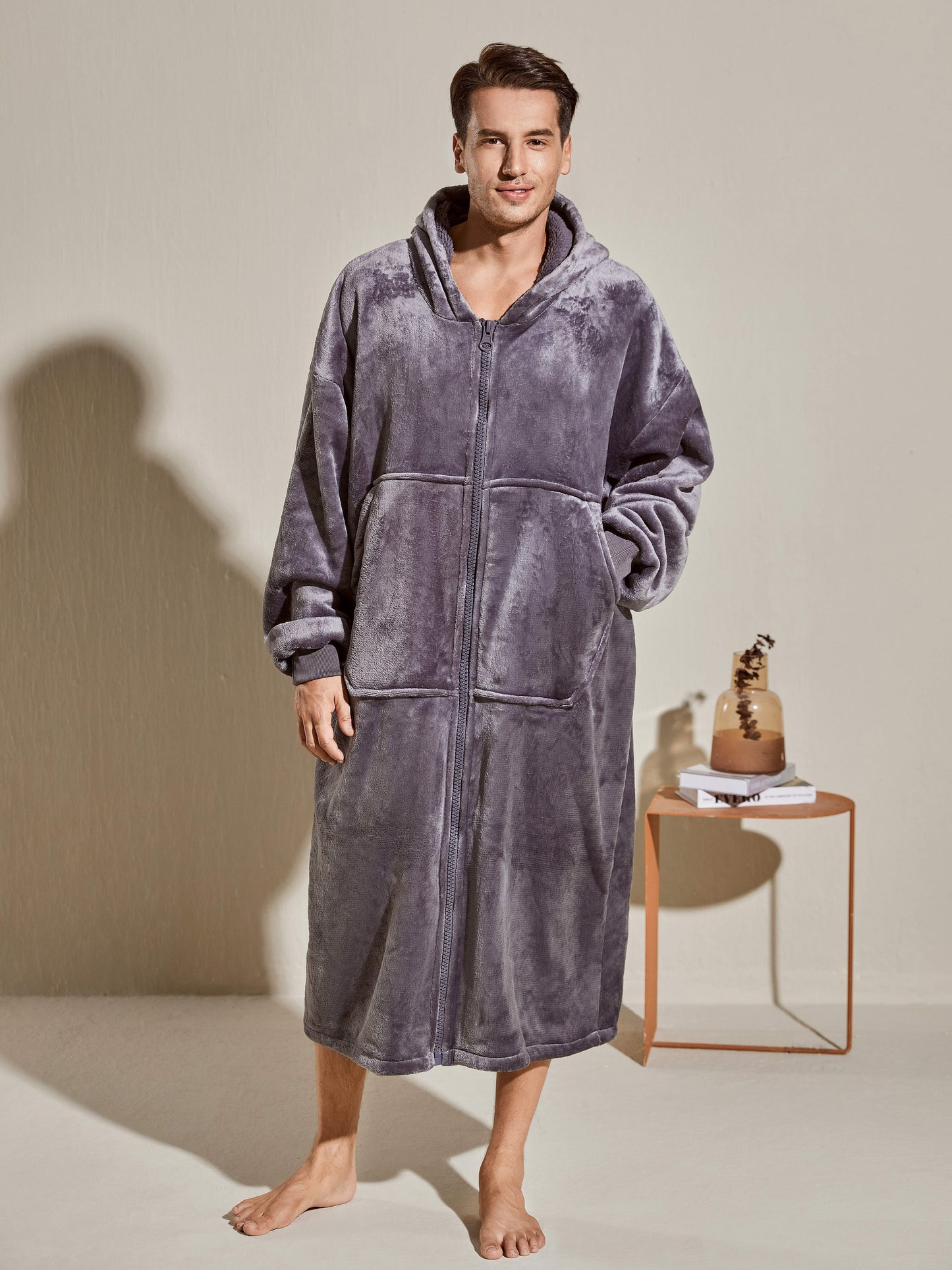 Men's Oversized Warm And Comfortable Flannel Blanket Robe, Long Sleeve Zipper Hoodie Sweatshirt Hooded Sleep Robe With Deep Pocket Pajamas Loungewear Robe For Autumn Winter