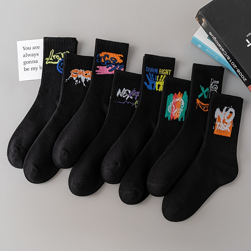 3/6/8/10/12 Pairs Of Medium Length Socks With Graffiti And Spray Painting For Personalized Fashion, Comfort, And Durability