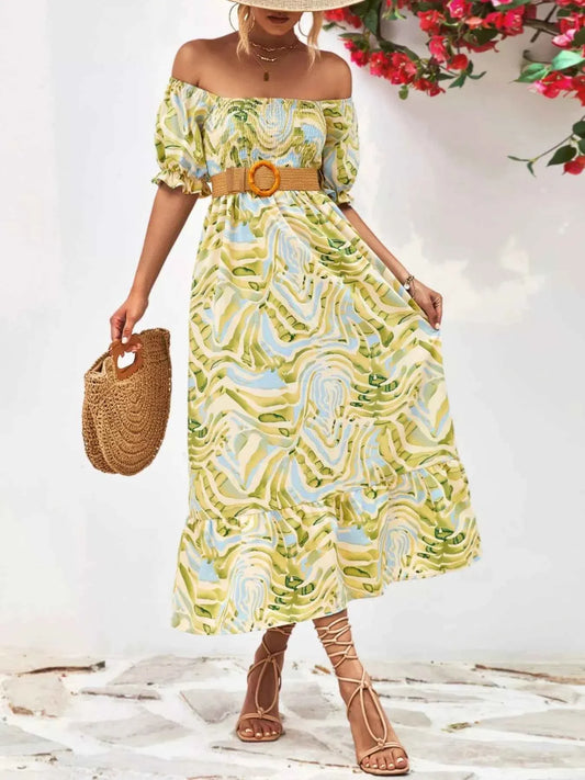 Smocked Printed Puff Sleeve : Midi Dress