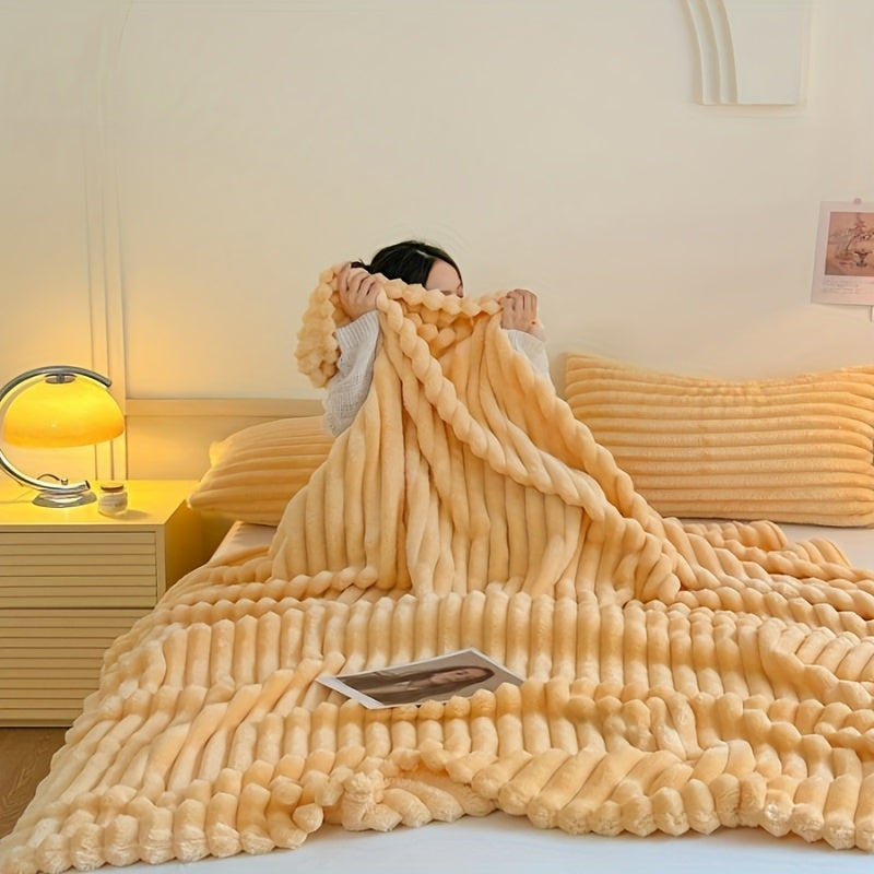 1pc Cozy Double-Sided 3D Rabbit Hair Blanket - Soft, Warm, and Fuzzy for Snuggling Up - Perfect for Office, Outdoor Camping, Sofa, and Gift Giving