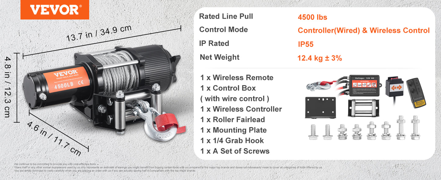 VEVOR Electric Winch,12V 4500 lbs Capacity Steel Rope Winch,IP55 39ft ATV UTV Winch w/ Wireless Handheld Remote & 4-Way Fairlead - Premium  from Lizard Vigilante - Just $155.99! Shop now at Lizard Vigilante