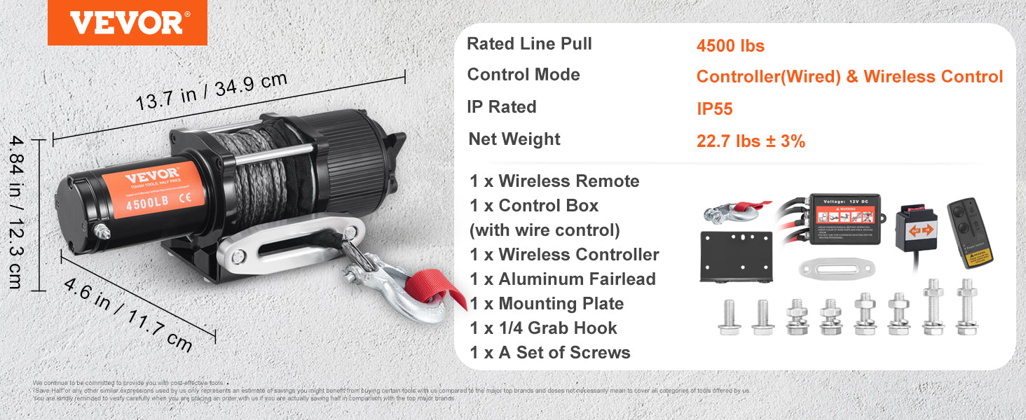 VEVOR Electric Winch,12V 4500 lbs Capacity Steel Rope Winch,IP55 39ft ATV UTV Winch w/ Wireless Handheld Remote & 4-Way Fairlead - Premium  from Lizard Vigilante - Just $155.99! Shop now at Lizard Vigilante