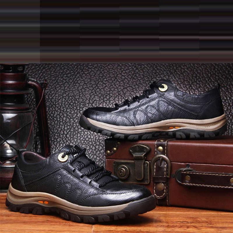 Elegant Black Leather Mens Business Boots Platform Winter Sneakers Without Lace Safety Shoe Quick-Drying Tactical Shoe Comfortable Sneaker Hiker Lightweight Ankle Motorcycle Mountain Running Short Boot