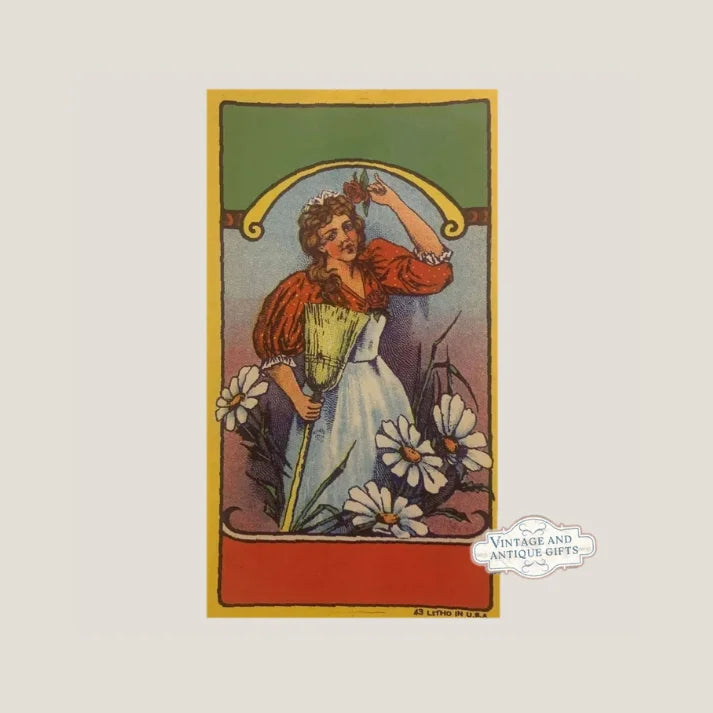 Enchanting Antique Vintage Broom Label with Floral Lady