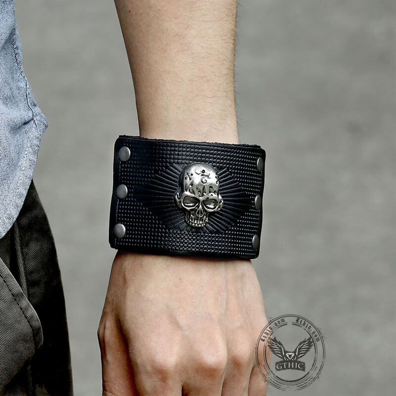Exaggerated Skull Wide Leather Wristband Bracelet