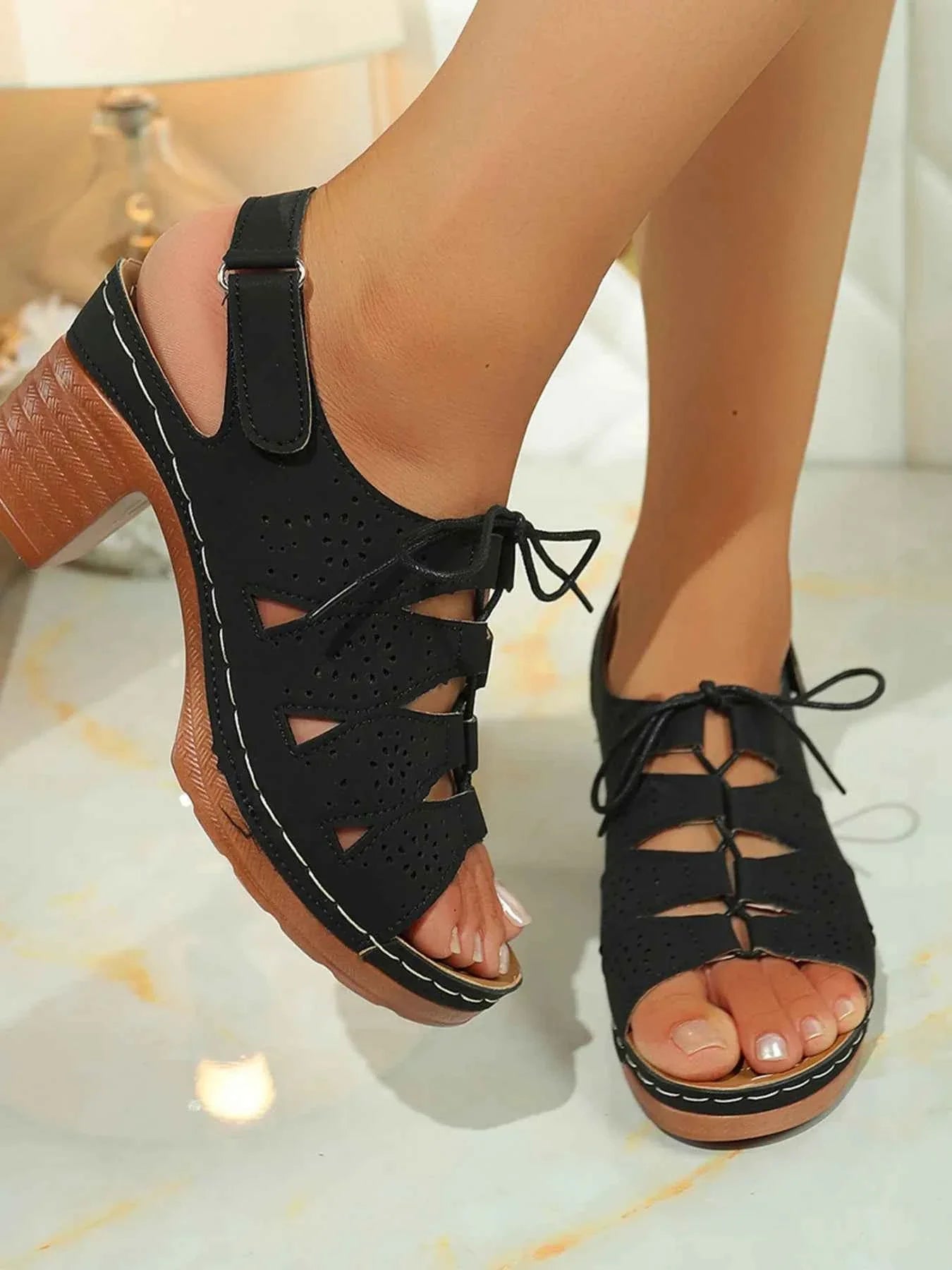 Elegant Block : Heel Sandals With Laces